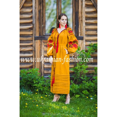 Boho Style Ukrainian Embroidered Maxi Dress Mustard with Red/Black Embroidery